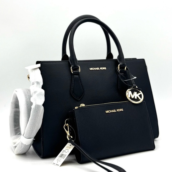 Michael Kors Sheila Medium Satchel Bag & Double Zip Wallet Black/Gold - Picture 1 of 13